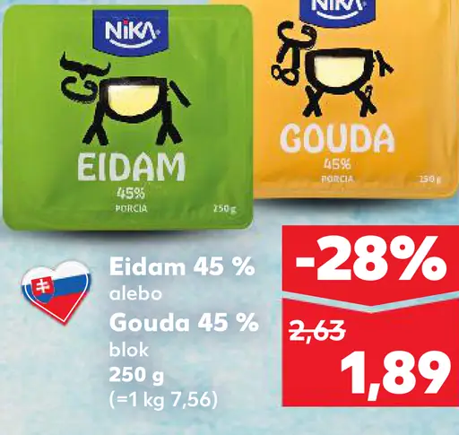 Eidam 45% alebo Gouda 45% blok