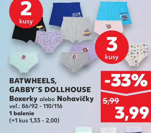Batwheels, Gabby's Dollhouse detské boxerky alebo nohavičky