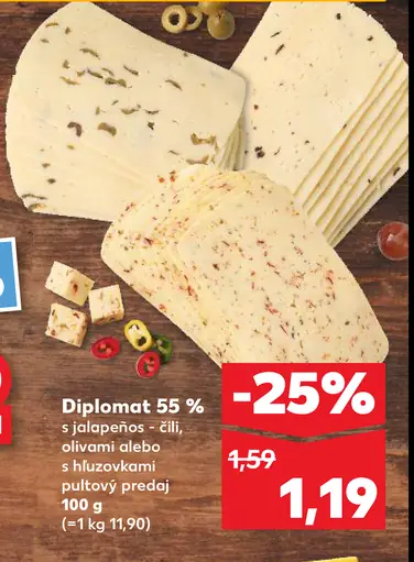 Diplomat syr 45 % s jalapeños, čili, olivami alebo s húževnatkami