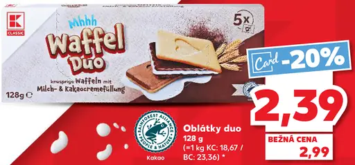 K-Classic Waffel Duo oblátky s mliečnou a kakaovo–karamelovou náplňou