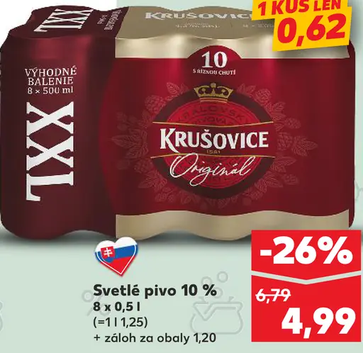 Krušovice svetlé pivo, 10 % plechovka
