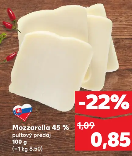 Mozzarella 45 % plátky