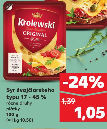 Krolewski syr švajčiarskeho typu 17–45 % plátky rôzne druhy