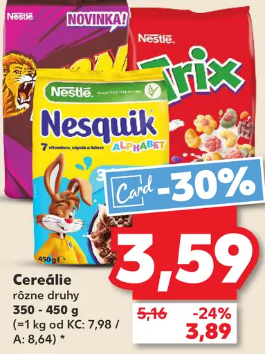 Nestlé cereálie Nesquik, Trix, Cini Minis, Lion