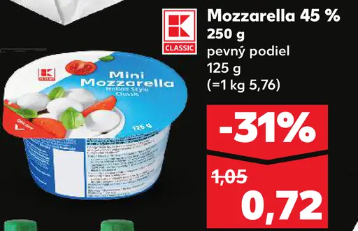 Mozzarella syr 45 % pevný podiel
