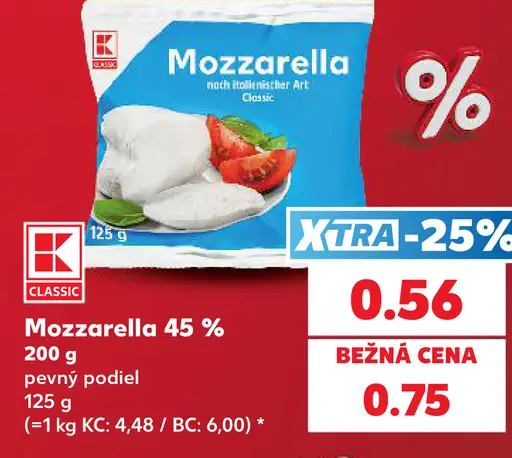 K-Classic Mozzarella 45 % pevný podiel
