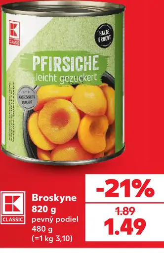K-Classic broskyne v ľahkom sirupe konzerva