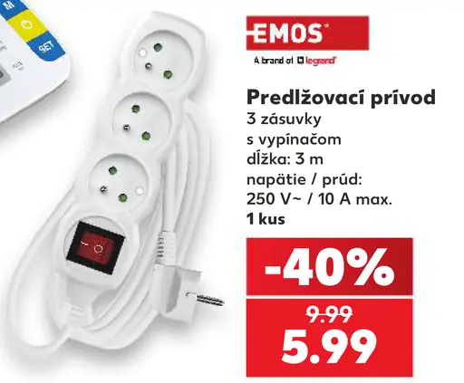 Emos predlžovací prívod so spínačom