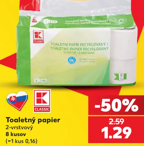 Toaletný papier 2-vrstvový recyklovaný
