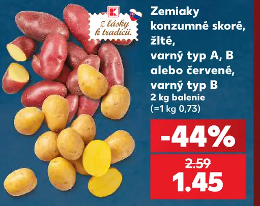 Zemiaky konzumné, skoré žlté, varný typ A alebo B, červené, varný typ B