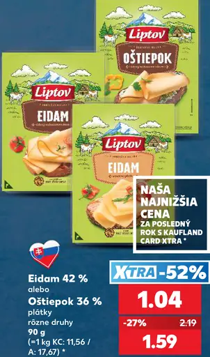 Eidam 42 % alebo Oštiepok 36 % plátky