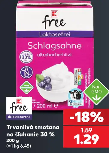 K-Classic free trvanlivá smotana na šľahanie 30 % bezlaktózová