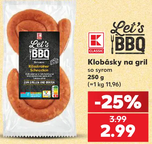 K-Classic Let´s BBQ Klobásky na gril so syrom