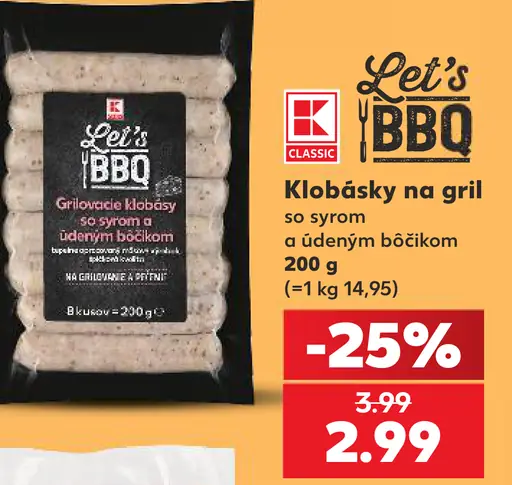K-Classic Let´s BBQ Grilovacie klobásky so syrom a údeným bôčikom