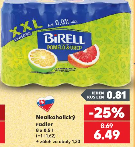 Birell nealkoholický radler pomelo & grep