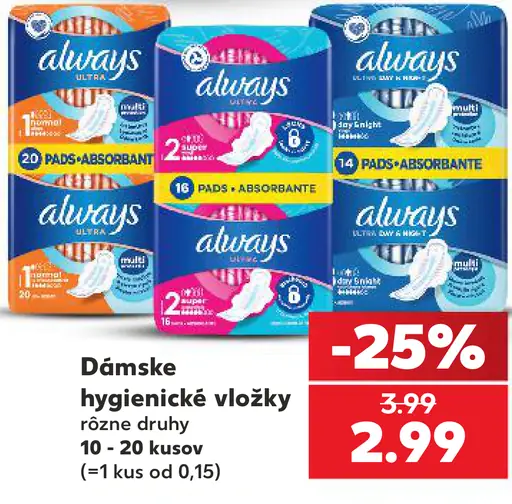 Always dámske hygienické vložky rôzne druhy 10–20 kusov
