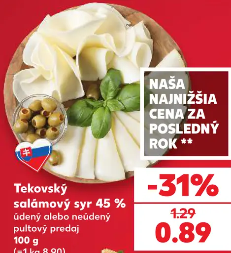 Tekovský salámový syr 45 % údený alebo neúdený