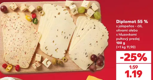 Diplomat 55 % s jalapeños, čili, olivami alebo s húbovými prísadami