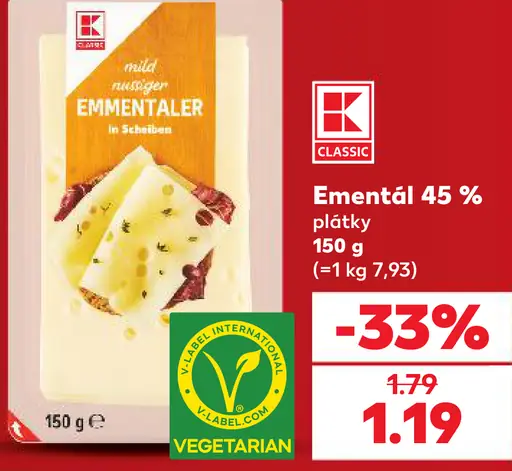 Ementál 45 %, plátky