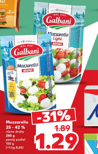 Mozzarella 25–42 % – rôzne druhy, pevný podiel 150 g