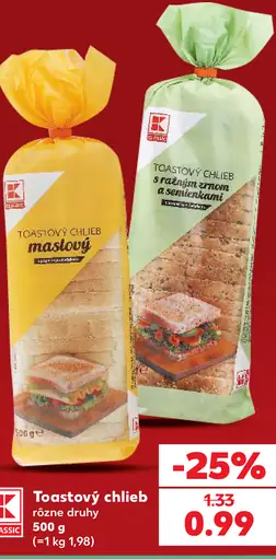 K-Classic toastový chlieb, maslový a s ražnou zmesou, rôzne druhy