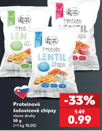 Farmer Joe's proteínové šošovicové chipsy – rôzne druhy