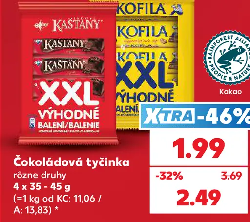 Čokoládové tyčinky Kaštany a Kofila, rôzne druhy