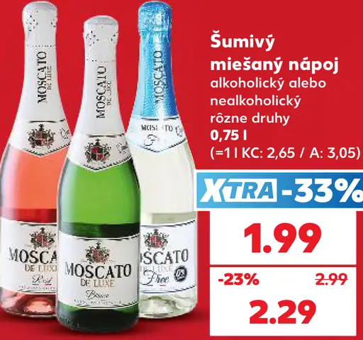 Moscato de Luxe šumivý miešaný nápoj, alkoholický alebo nealkoholický, rôzne druhy