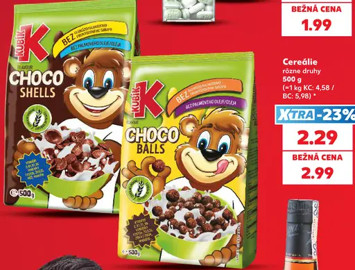 Kubu K cereálie, rôzne druhy: Choco Shells, Choco Balls