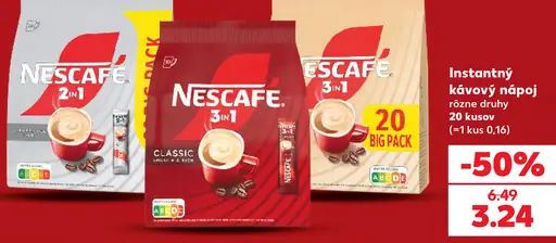 Nescafé instantný kávový nápoj – 2 v 1 Classic, 3 v 1 Classic, rôzne druhy
