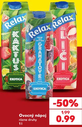 Relax ovocný nápoj – Kaktus, Granátové jablko, Litchi, Exotica, rôzne druhy