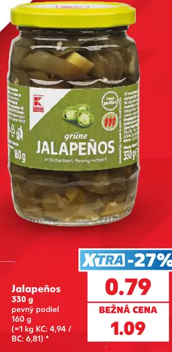 K-Classic jalapeños v náleve, krájané