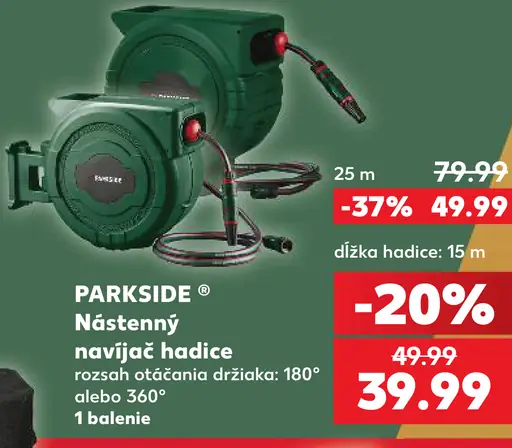 Parkside nástenný navijak hadice, dĺžka hadice 15 m, rozsah otáčania držiaka 180° alebo 360°