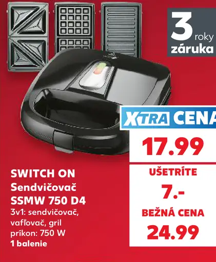 SWITCH ON sendvičovač SSMMW 750 D4, 3 v 1: sendvičovač, vafľovač a gril, príkon 750 W; cena 17,99 €, bežná cena 24,99 €