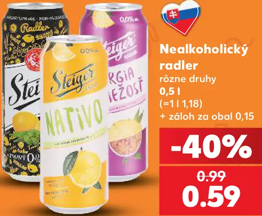 Steiger nealkoholický radler, rôzne druhy, plechovka