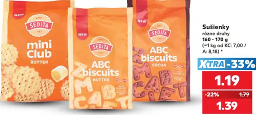 Sedita sušienky – rôzne druhy: Mini Club Butter, ABC Biscuits Butter a ABC Biscuits Cocoa