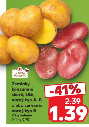 Zemiaky konzumné, skoré žlté, varný typ A alebo B, červené, varný typ B