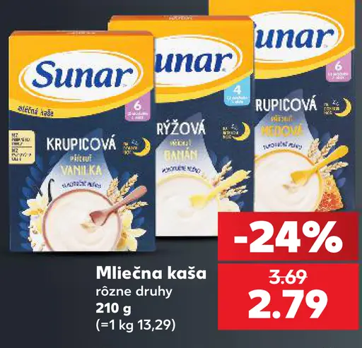 Sunar mliečna kaša, rôzne druhy: krupicová, ryžová a ďalšie varianty