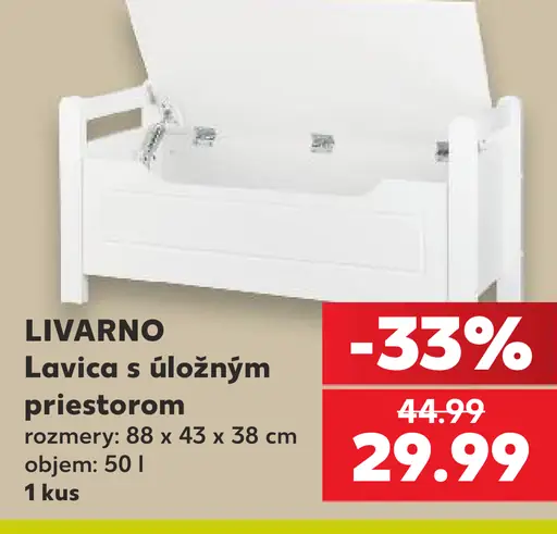 Livarno lavica s úložným priestorom, rozmery 88 × 43 × 38 cm, objem 50 l