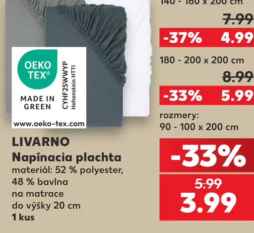 Livarno napínacia plachta, rozmery 90–100 × 200 cm, materiál 52 % polyester a 48 % bavlna