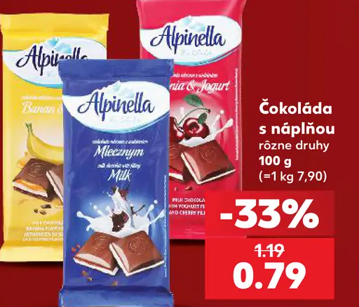 Alpella čokoláda s náplňou – banánová, mliečna a višňová, rôzne druhy