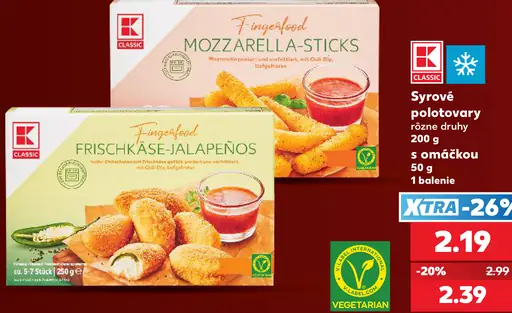 K-Classic syrové polotovary, mozzarella sticks a Frischkäse-Jalapeños, s omáčkou