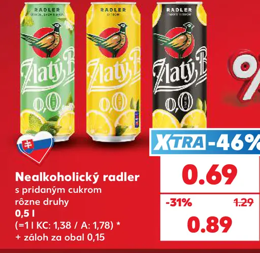 Zlatý Bažant nealkoholický radler s pridaným cukrom, rôzne druhy