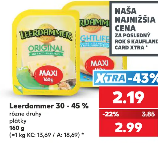 Leerdammer plátky, rôzne druhy, 30–45 %