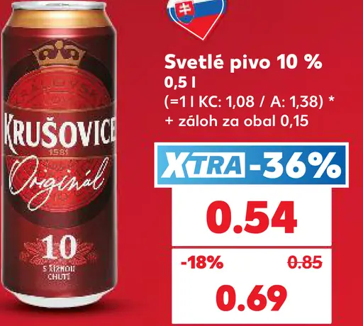 Krušovice svetlé pivo, 10 % plechovka