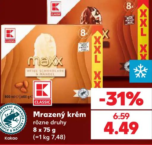 K Classic mrazený krém, rôzne druhy, kakao, 8 × 75 g