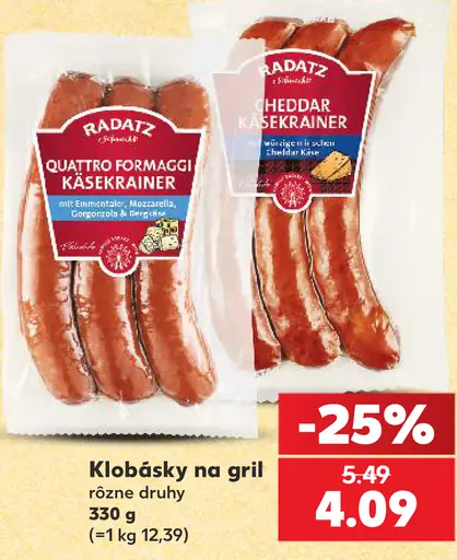 Radatz Quattro Formaggi Käsekrainer a Cheddar Käsekrainer klobásky na gril