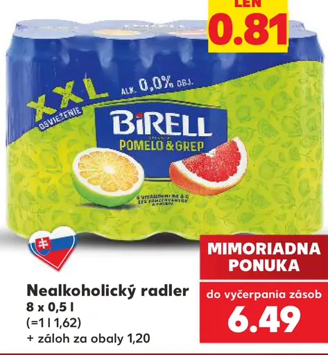 Birell nealkoholický radler pomelo & grep