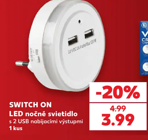 SWITCH ON LED nočné svietidlo s 2 USB nabíjacími výstupmi