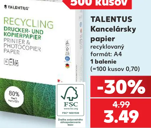 Talentus kancelársky papier, recyklovaný, formát A4